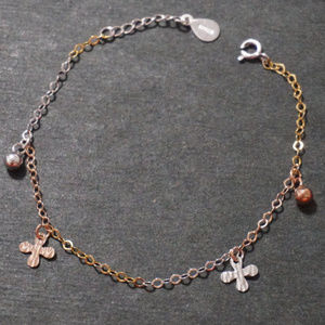 Tri gold Four Petal Flower Beaded Charm Bracelet